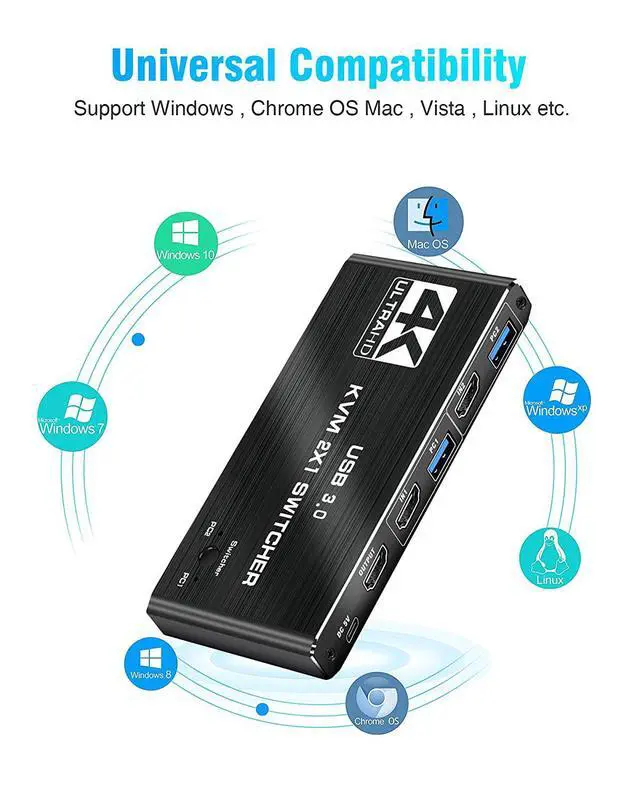 Alt view image 5 of 7 - WRIARICH 2x1 HDMI KVM Switch 2 Port 4K@60Hz 2K@120/144Hz, 2 Computers Sharing 1 Monitor and 4 USB3.0 Ports Keyboard Mouse Peripherals Selector Box