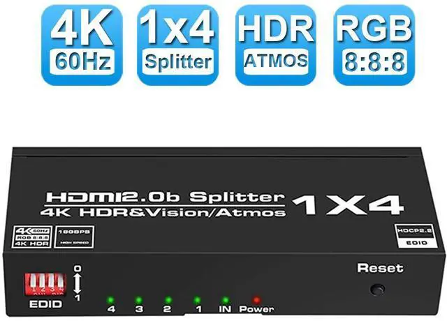 Main image of WRIARICH HDMI Splitter 1 in 4 Out,LUOM 4K HDMI Splitter for Four Monitors Duplicate/Mirror Only, 1x4 HDMI Splitter 1 to 4 Amplifier for Full HD 1080P 3D EDID HDR10(1 Source onto 4 Displays)