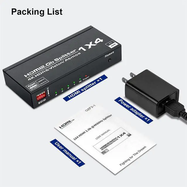 Alt view image 7 of 7 - WRIARICH HDMI Splitter 1 in 4 Out,LUOM 4K HDMI Splitter for Four Monitors Duplicate/Mirror Only, 1x4 HDMI Splitter 1 to 4 Amplifier for Full HD 1080P 3D EDID HDR10(1 Source onto 4 Displays)