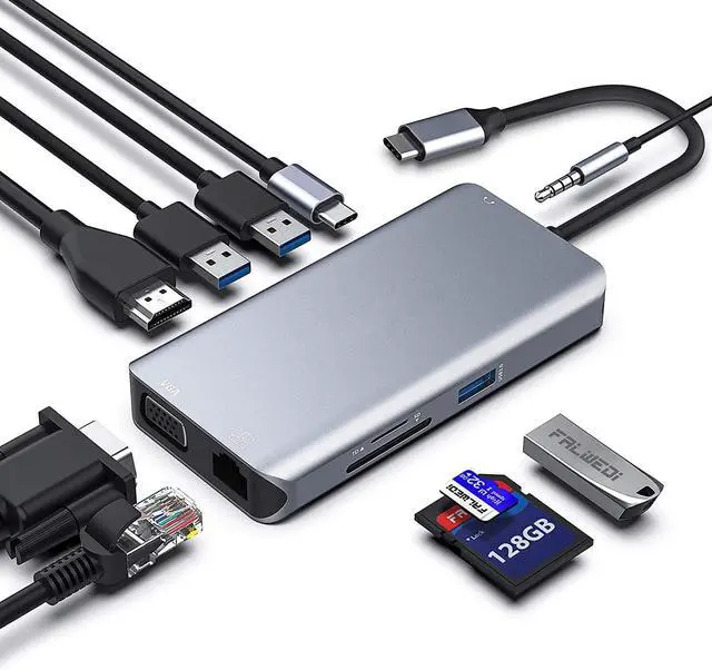 Main image of WRIARICH 10 in 1 USB C Hub Multiport Adapter, USB C Docking Station to HDMI 4K 30Hz, VGA, Ethernet, 3USB 3.0, TF/SD, Audio,PD Port MacBook Dongle for MacBook Dell Hp Lenovo Laptop Type C Devices