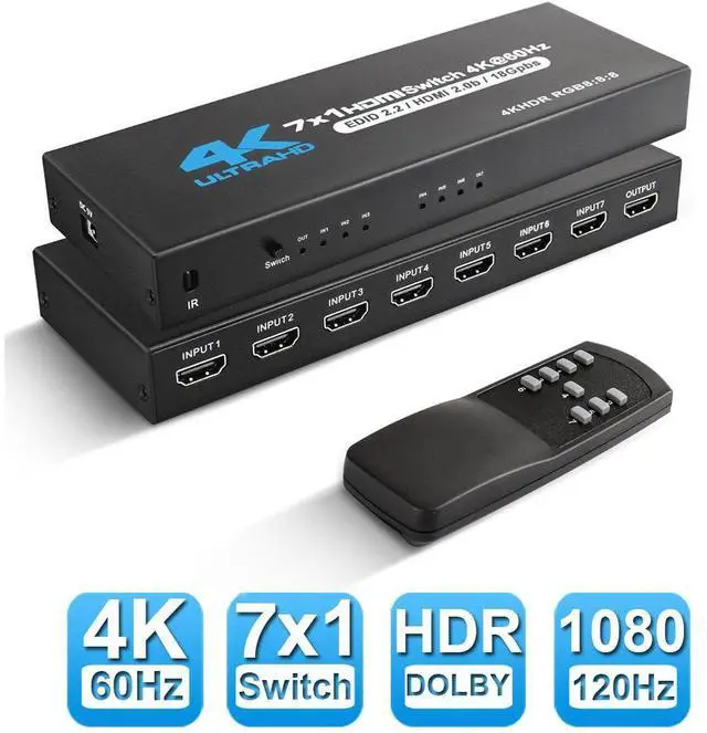 Main image of WRIARICH 4K@60Hz HDMI Switch 7 in 1 Out 4K@60Hz, HDMI Splitter with Remote 7 Port HDMI Switcher Selector Support 3D 4K HDR HDCP2.2 Compatible with PS5/4/3 Xbox Nintendo Switch TV Fire Stick
