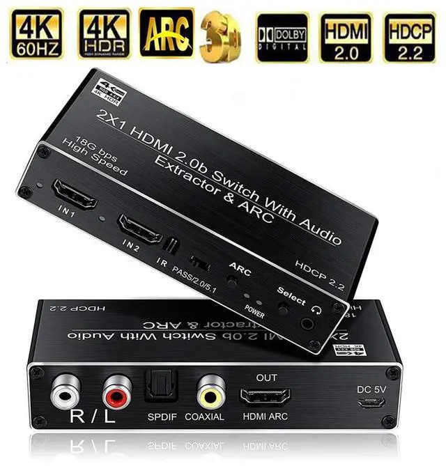 Main image of WRIARICH 4K@60Hz HDMI Switch 2x1, 2 Port HDMI2.0b Switch Box with Optical Toslink SPDIF/Coaxial/3.5mm R/L Audio Out, HDMI Selector Switch with Remote(OZV2)