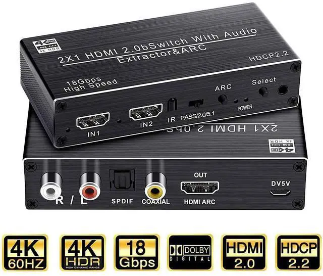 Main image of WRIARICH 4K@ 60Hz HDMI Audio Extractor, 2x1 HDMI to HDMI + Optical Toslink / Coaxial SPDIF+ 3.5mm R/L Audio Splitter, 4K@ 60Hz HDMI 2.0 Optical Audio Splitter, HDCP 2.2 4K HDMI Audio Splitter(OZV2)