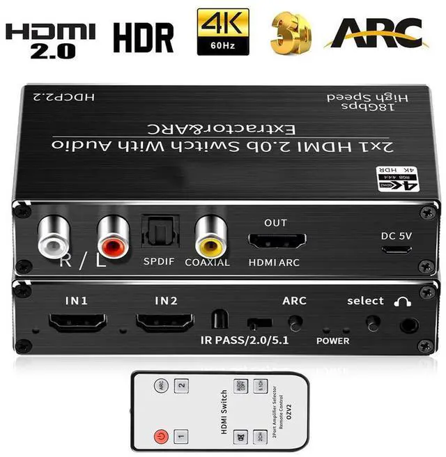 Main image of WRIARICH 4K@ 60Hz HDMI Audio Extractor Splitter, 2x1 HDMI to HDMI + Optical Toslink SPDIF + 3.5mm Audio Jack + Coaxial + R/L Audio Support ARC and eARC Function, OZV2