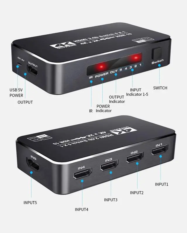 Main image of WRIARICH 4K 60Hz HDMI Switch 5 In 1 Out 5x1 Switcher Converter Adapter with Remoter for XBox PS4 PS5 Pro PC Projector Laptop - OZQ3-3