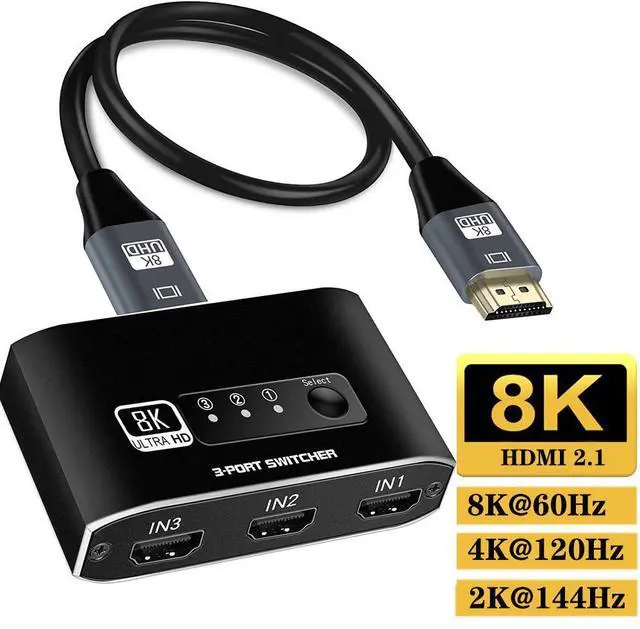 Main image of HDMI Switch 3 in 1 Out 8K HDMI Switcher Splitter, 8K@60Hz 3 Port HDMI Switch with 3.9FT HDMI Cable HDCP2.3 3D Dolby , Compatible with PS5/PS4/Xbox/Nintendo Switch/Fire Stick/Roku TV PC and More