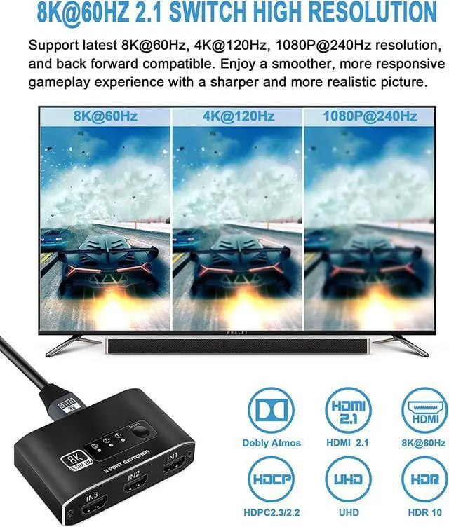 Alt view image 3 of 5 - HDMI Switch 3 in 1 Out 8K HDMI Switcher Splitter, 8K@60Hz 3 Port HDMI Switch with 3.9FT HDMI Cable HDCP2.3 3D Dolby , Compatible with PS5/PS4/Xbox/Nintendo Switch/Fire Stick/Roku TV PC and More