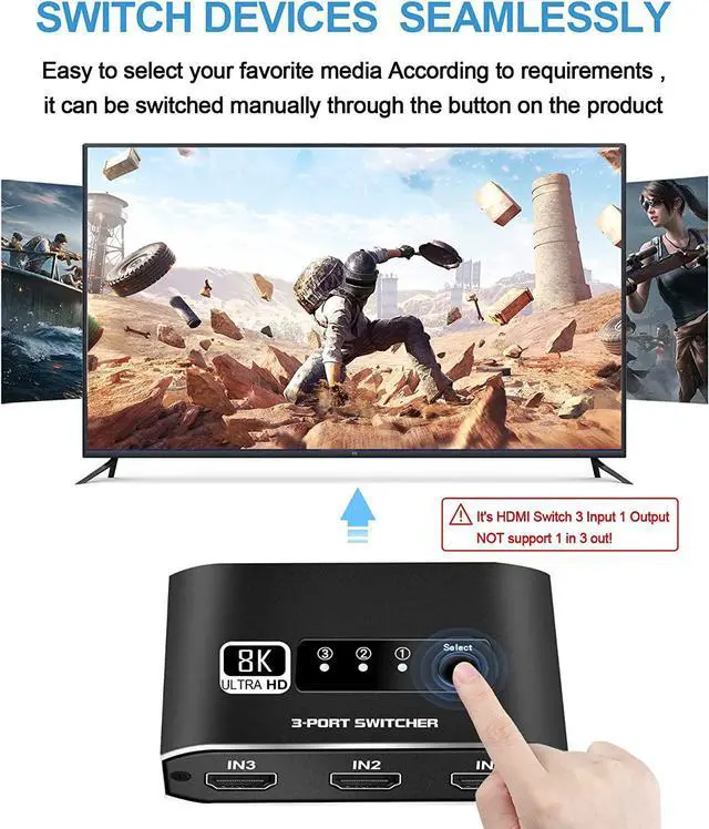Alt view image 2 of 7 - WRIARICH HDMI Switch 3 in 1 Out 8K@60Hz HDMI Switcher Splitter, HDMI Switch Box Hub with 3.9FT HDMI Cable Supports 8K 60Hz 3D HD1080P for PS4/Xbox One/Fire TV/Apple TV/Sky Box/STB/DVD/Laptop/Roku