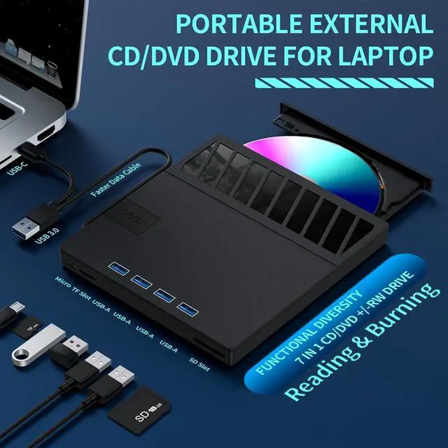 Alt view image 2 of 7 - 7-In-1 External CD DVD Drive, USB 3.0 Optical Disc Drive, SD/TF Card Reader USB 3.0 Hub, CD DVD Burner Writer Reader Player for Laptop MacBook iMac Desktop PC Windows 11/10/8/7/XP Linux Mac OS