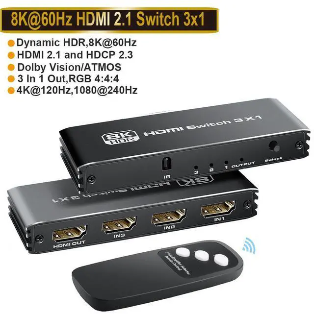 Main image of WRIARICH 8K HDMI Switch 3 in 1 Out, 3 Port HDMI Splitter with IR Remote HDMI Switcher Selector Box Support 8K@60Hz 4K@120Hz, HDMI 2.1 Switch Compatible with PS 5/4/3 Xbox Switch Ro-ku TV Fire Stick PC