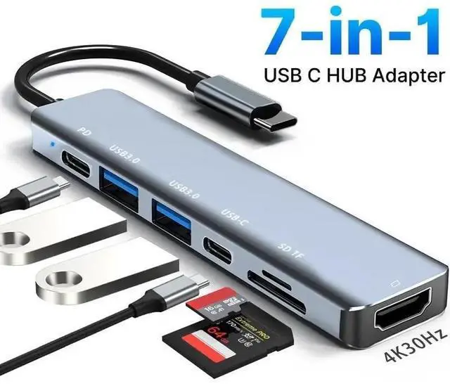 Main image of WRIARICH Type-C USB C Hub, 7 in 1 USB C to 4K HDMI Splitter with 2*USB-A 3.0 & Type-C Data Port, 100W PD & SD/TF Card Reader, USB-C to HDMI Adapter for MacBook Pro Laptops & Other Type C Devices