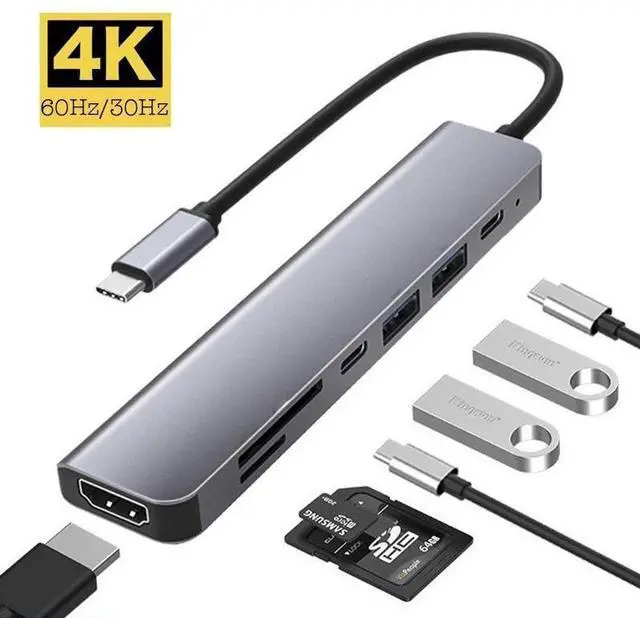 Main image of WRIARICH 7 in 1 USB C Hub, USB C to 4K HDMI Adapter with 100W Power Delivery, 2*USB 3.0 Ports, USB-C, SD/TF Card Reader, Compatible for iPhone 15 Promax MacBook Ipad Laptops Computers and More Type C