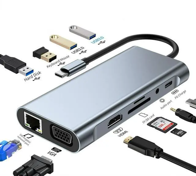 Main image of WRIARICH 11 in 1 USB C Hub Docking Station with 4K HDMI, VGA, RJ45, USB 3.0, 3*USB 2.0 Ports, 100W USB-C PD, 3.5mm Aux Ports for MacBook/Laptops and More Devices, HDD, Xbox, Printer, Mouse, Keyboard