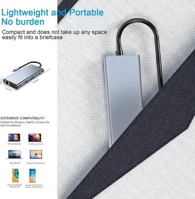 Alt view image 7 of 7 - WRIARICH 11 in 1 USB C Hub Docking Station with 4K HDMI, VGA, RJ45, USB 3.0, 3*USB 2.0 Ports, 100W USB-C PD, 3.5mm Aux Ports for MacBook/Laptops and More Devices, HDD, Xbox, Printer, Mouse, Keyboard
