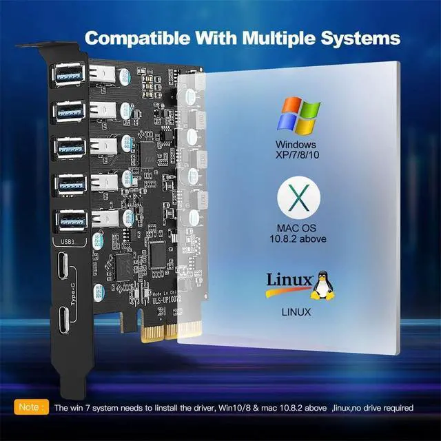 Alt view image 7 of 7 - WRIARICH PCI-E USB Card, PCI-E to USB 3.0 7-Port (2X USB C - 5X USB A 3.0) Expansion Card, PCI Express Expansion Card for Desktop PC Support Windows 10/8/7/XP and MAC OS 10.8.2 Above