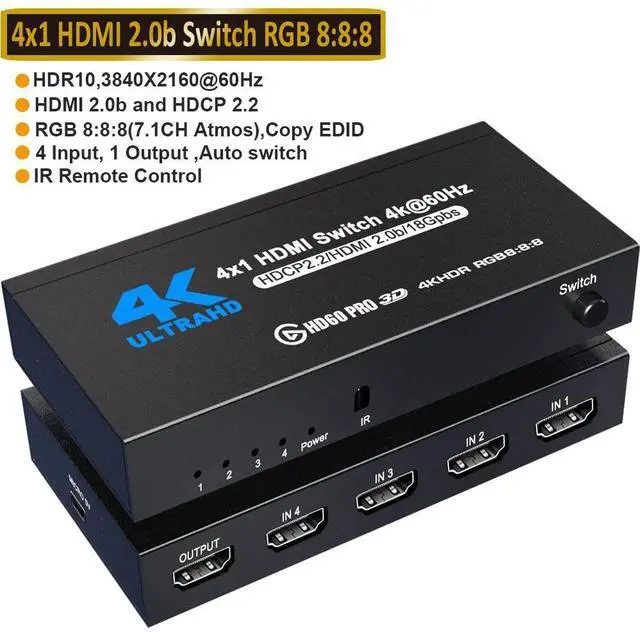 Main image of WRIARICH HDMI Switch 4 in 1 Out 4K 60Hz UHD HDMI Switcher Splitter with Remote Metal HDMI Switch Box Hub Support 4K 60Hz 3D 1080P HDCP2.2 for PS5 PS4 Xbox DVD Player Fire Stick Apple TV PC
