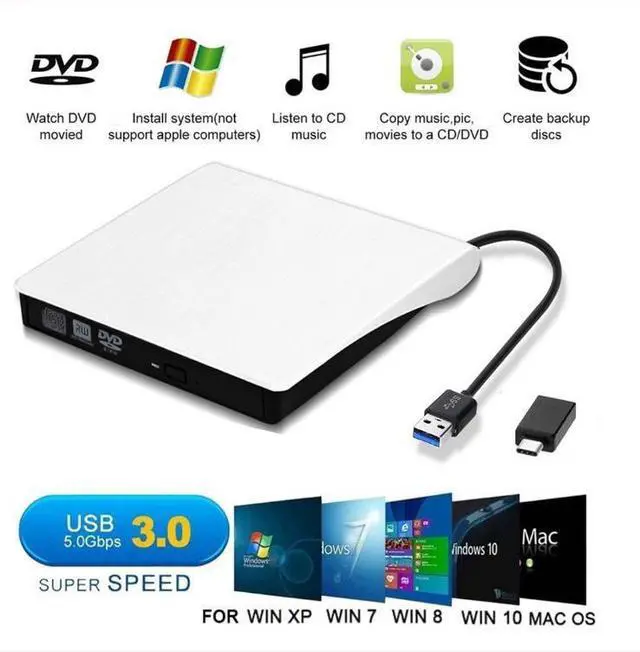 Main image of WRIARICH External Portable Slim Design CD/DVD RW Write/Read Drive, USB3.0 & Type-C, White (XD001)