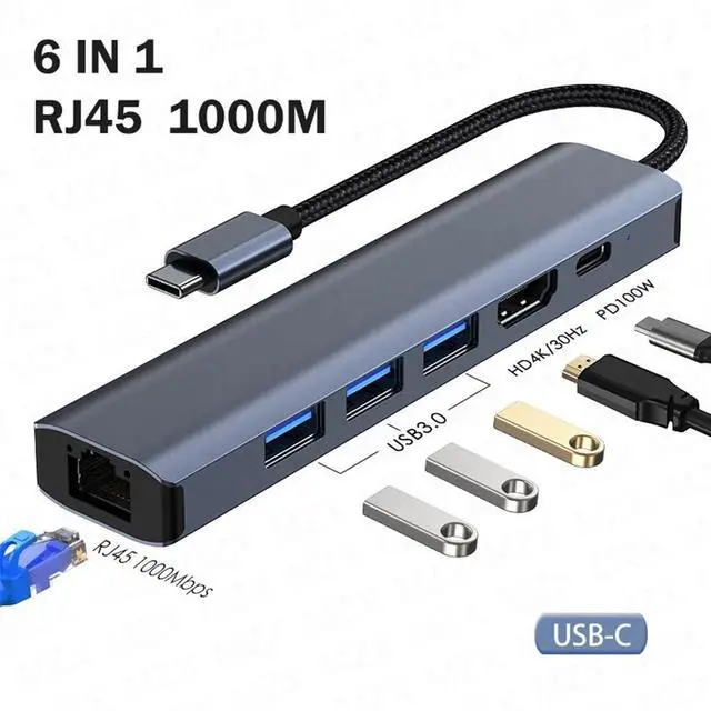 Main image of WRIARICH USB-C to Ethernet Hub Adapter, Portable 6 in 1 Multiport Hub with 4K HDMI, 3*USB3.0, 100W PD, Gigabit Ethernet for MacBook Pro/Air 2022/2021, iMac, iPad