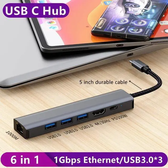 Alt view image 2 of 7 - USB C to Ethernet Adapter, 6 in 1 USB C Multiport Hub with Rj45 1000 Mbps, 3 x USB 3.0 Ports, 100W PD, 1Gbps LAN, 4K HDMI Video Output Compatible with MacBook Air/Pro,iMac, iPad Pro, Chromebook