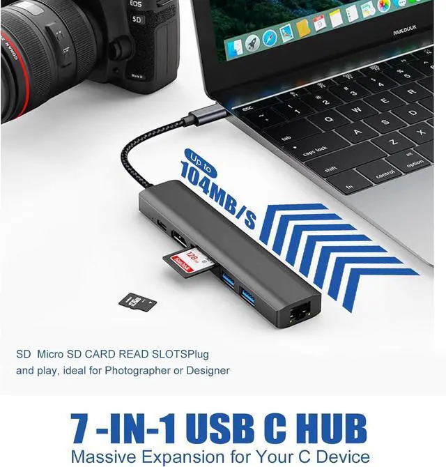 Alt view image 6 of 7 - Type-C to Ethernet Adapter, 7 in 1 USB C Multiport Hub with Rj45 1000 Mbps, 2 x USB 3.0 Ports, 100W PD, 1Gbps LAN, SD/TF Card Readers Compatible with MacBook Air/Pro,iMac, iPad Pro, Chromebook