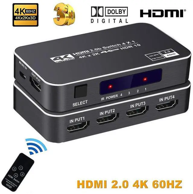 Main image of WRIARICH Switcher HDMI 2.0-compatible 4 in 1 out 4K 60Hz 2K 120Hz Switch Splitter adapter IR Remote For PS5 PS4 Projector Supports Ultra HD Dolby Vision, 18.5Gbps, HDR10, HDCP 2.2 & 3D - OZQ5