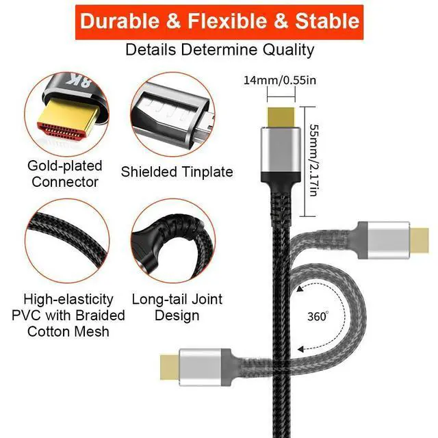 Alt view image 4 of 7 - WRIARICH 8K HDMI 2.1 Cable 16.4FT,48Gbps Ultra High Speed Black Braided HDMI Cord - Get 4k @ 120Hz On PS5 - Supports 8k @ 60Hz, HDR, eArc, Dolby Vision, & More