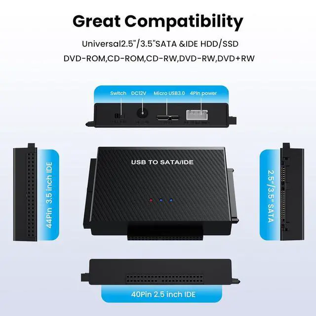 Alt view image 6 of 7 - WRIARICH USB C to IDE and SATA Converter External Hard Drive Adapter Kit for 2.5"/3.5" SSD/HDD, Support Max 6TB, Auto-Sleep Mode with 12V/2A Power Adapter