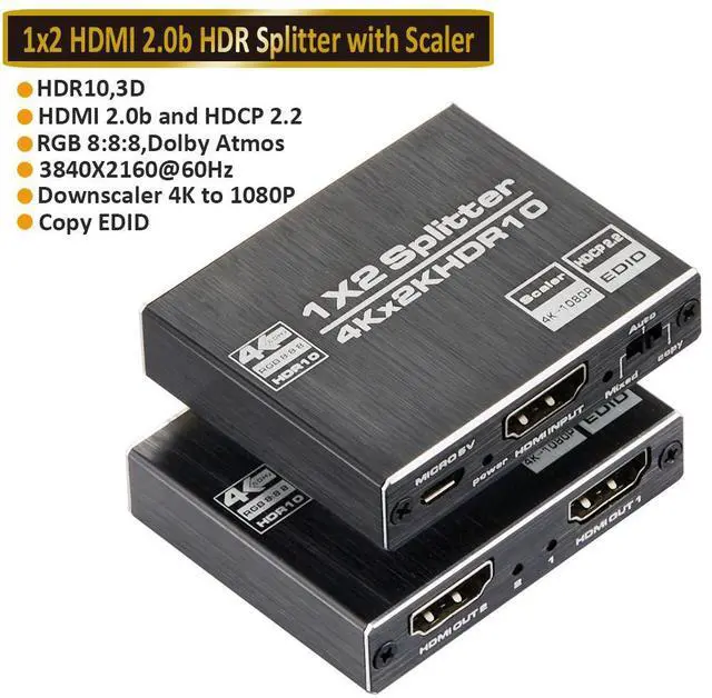 Main image of WRIARICH 4K x 2K@60Hz HDMI Splitter 1 in 2 Out 4K @ 60Hz 1x2 Powered HDMI Splitter Duplicate Mirror with EDID Support HDCP 2.2 HDR (1 Source to 2 Displays)