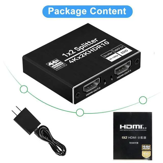 Alt view image 7 of 7 - WRIARICH 4K x 2K@60Hz HDMI Splitter 1 in 2 Out 4K @ 60Hz 1x2 Powered HDMI Splitter Duplicate Mirror with EDID Support HDCP 2.2 HDR (1 Source to 2 Displays)