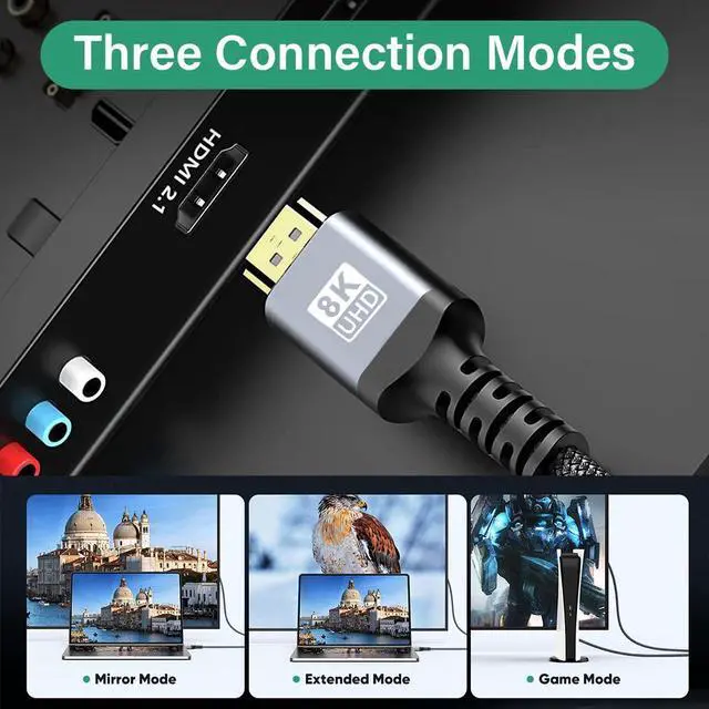 Alt view image 5 of 7 - WRIARICH Ultra 8K High Speed HDMI Braided Cable - 16.4 Feet - 48Gbps High Speed 3D 8K60 4K120 144Hz HDMI Cord, 8K, Dynamic HDR, eARC - DynamicView Series