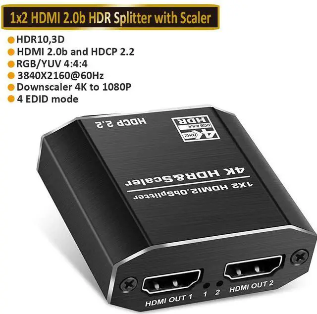 Main image of WRIARICH 4K@60Hz HDMI Splitter 1x2 Supports HDCP2.2, HDMI2.0b, EDID, 3D, RGB 4:4:4,Duplicate/Mirror/Copy,HDR,Dolby Vision Atmos,4K HDMI Splitter 1 in 2 Out Support 4 kinds of EDID mode