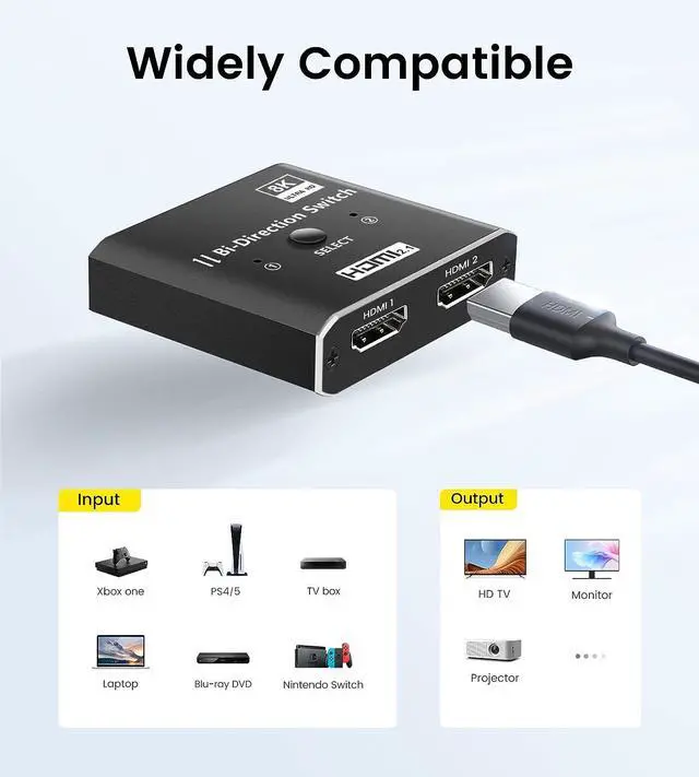 Alt view image 6 of 7 - WRIARICH HDMI Switch 2 in 1 Out 4K@120Hz, 8k Bi-directional HDMI Splitter, 2 Port HDMI Switcher Selector Support 8K YUV 4:4:4/RGB 4:4:4/RGB 8:8:8(Dolby Atmos),Dynamic HDR ,VRR