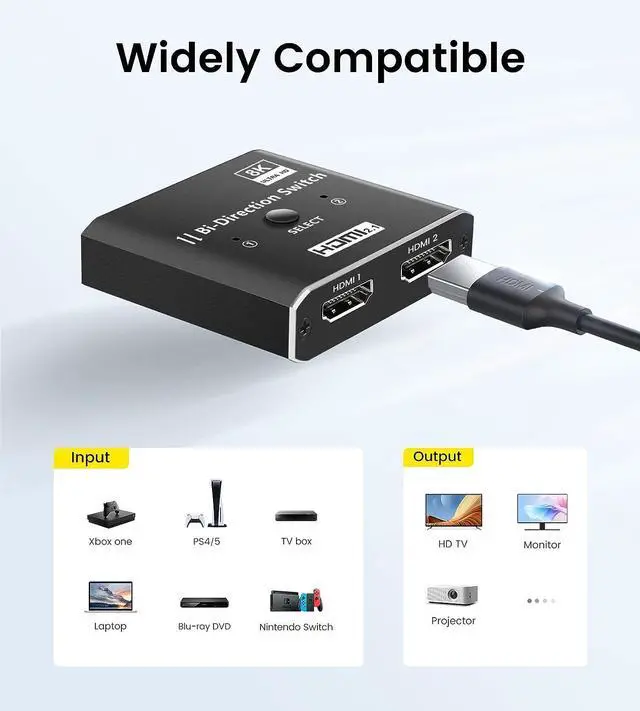 Alt view image 6 of 7 - WRIARICH HDMI 2.1 Switch 8K@60Hz, Bi-Directional HDMI Switcher 4K@120Hz, Aluminum HDMI Splitter 2 in 1 Out 48Gbps Ultra HD Compatible with Xbox Series X PS5 Fire Stick