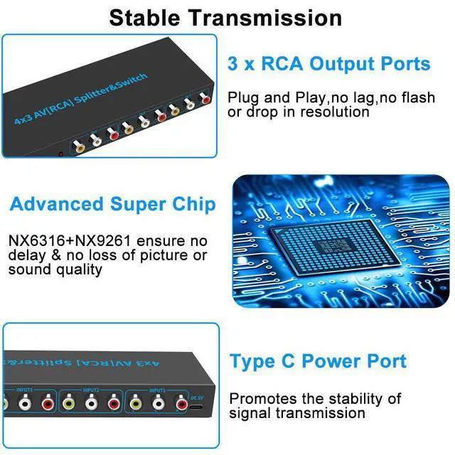 Alt view image 3 of 7 - WRIARICH 4 in 3 Out RCA Component Video Audio Splitter, 4-Way RCA Component Video L/R Audio AV Splitter Box for PS2 Wii X Box DVD HDTV
