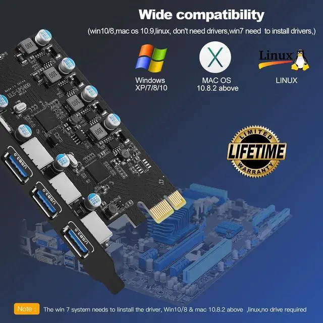 Alt view image 6 of 7 - WRIARICH 5-Ports PCI-E to USB 3.0 HUB(3X USB C - 2X USB A 3.0) PCI Express Expansion Card Adapter 5Gbps for Motherboard, Fits PCI Express x1, x4, x8 or x16 socket.