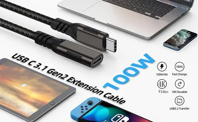 Alt view image 2 of 7 - 2Pack USB C Extension Cable 10FT, USB-C 3.2 Male to Female Extender Cord, USB Type C Extend Fast Charging, UHD 4K Video & 10Gbps Data Sync Transfer for Laptop, Tablet, Mobile Phone, MacBook and More