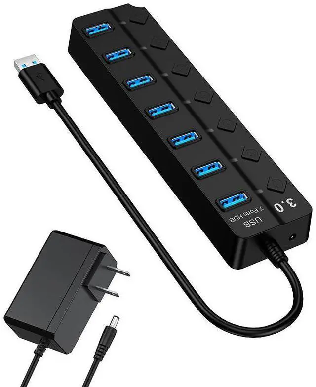 Main image of WRIARICH 7-Port Powered USB 3.0 Hub, Super Speed USB 3.0 Hub, USB Extender, Data Hub with 5V DC Power Adapter for MacBook, Mac Pro, Mac Mini, Laptop, Desktop