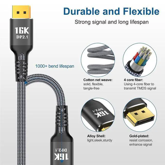Alt view image 5 of 7 - WRIARICH DisplayPort 2.1 Cable 16.5Feet/5M -VESA Certified 16K DP to DP Braided Cord-Support 80Gbps,16K 60Hz,8K 120Hz,4K 240Hz /165Hz /144Hz - Compatible for FreeSync/G-Sync/Gaming Monitor/PC