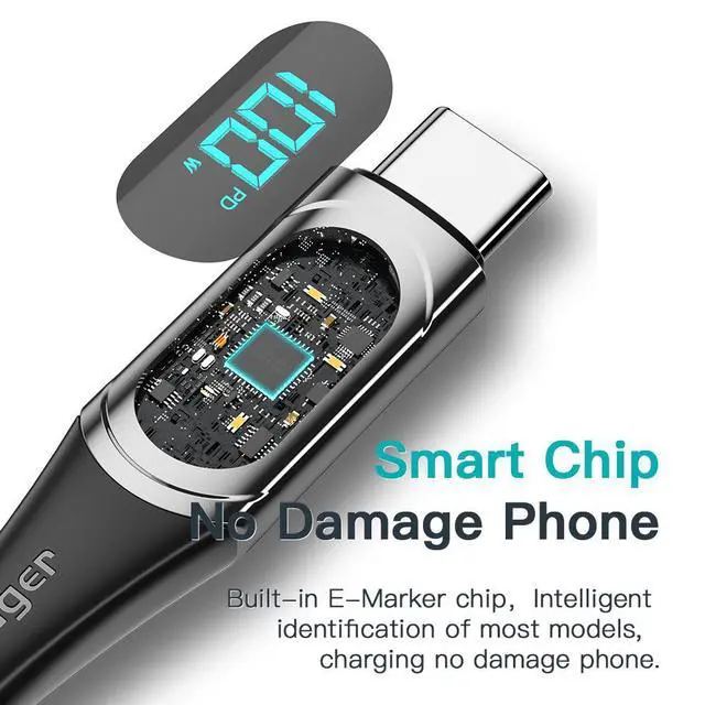 Alt view image 2 of 7 - WRIARICH 100W USB C to USB C Cable with Display, 5A PD QC 5.0 Type C to Type C Cable Super Fast Charging USB C Cable(6.6ft, Black, 2 Pack)