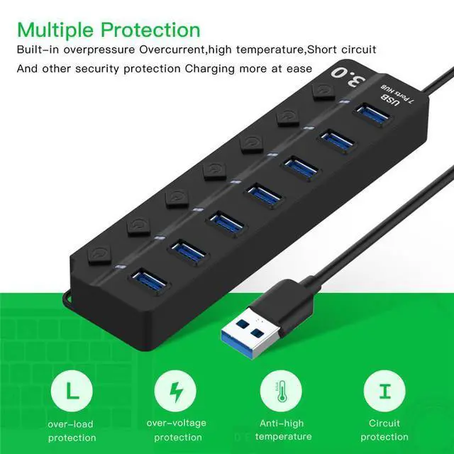 Alt view image 3 of 7 - WRIARICH USB hub 3.0,7-Port USB Hub,VEMONT USB Splitter with Individual On/Off Switches and Lights, USB3.0 Extension for Laptop and PC Computer