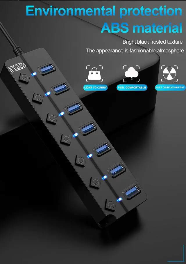 Alt view image 4 of 7 - WRIARICH USB 3.0 Hub, 7 Port Powered USB Hub Expander USB 3.0 Data Port hub with Universal 5V DC Adapter and Individual On/Off Switches USB Splitter for Laptop and PC(Black)