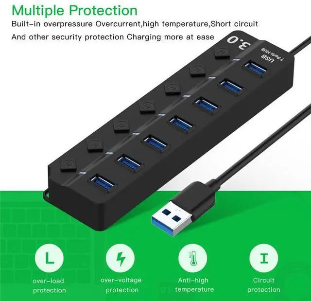 Alt view image 3 of 7 - WRIARICH USB 3.0 Hub, 7 Port Powered USB Hub Expander USB 3.0 Data Port hub with Universal 5V DC Adapter and Individual On/Off Switches USB Splitter for Laptop and PC(Black)