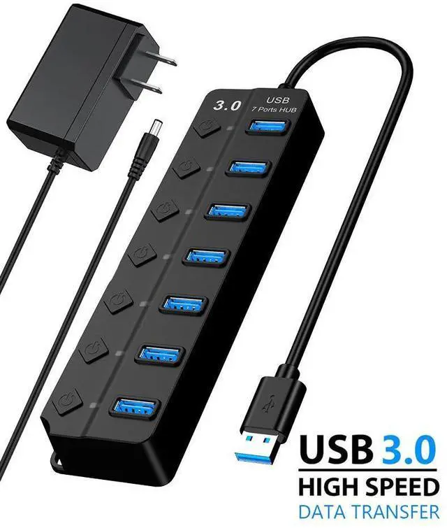 Main image of WRIARICH USB 3.0 Hub, 7 Port Powered USB Hub Expander USB 3.0 Data Port hub with Universal 5V DC Adapter and Individual On/Off Switches USB Splitter for Laptop and PC(Black)