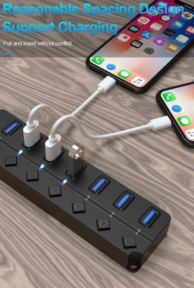 Alt view image 5 of 7 - WRIARICH USB 3.0 Hub, 7 Port Powered USB Hub Expander USB 3.0 Data Port hub with Universal 5V DC Adapter and Individual On/Off Switches USB Splitter for Laptop and PC(Black)