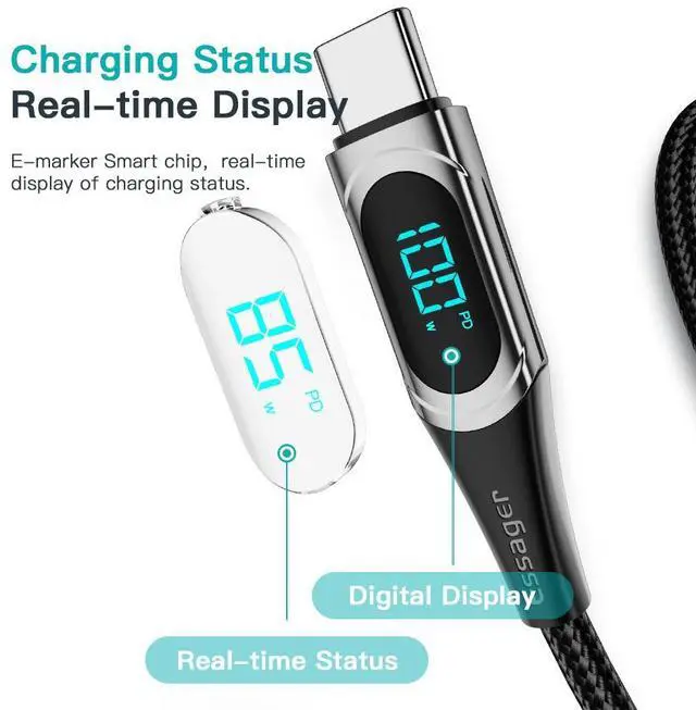 Alt view image 3 of 7 - WRIARICH USB C to USB C Cable (2-Pack, 6.6ft), 100W 5A USB C Cable with LED Display, Type C Charger Cable Fast Charging for MacBook Pro, iPad Pro Air Mini, Samsung Galaxy S23/22/Z Fold/Z Flip, Pixel