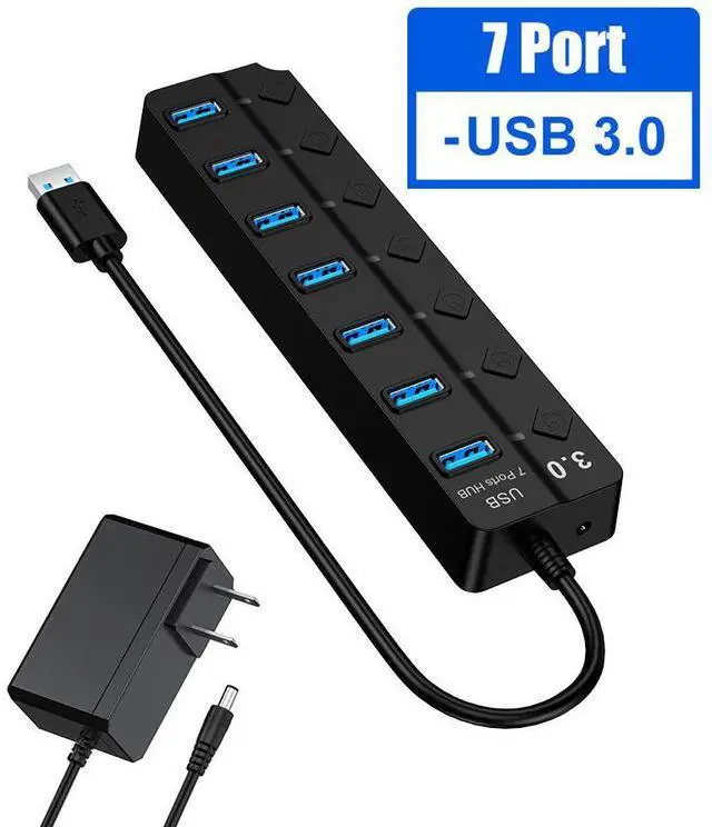 Main image of WRIARICH Powered USB Hub 3.0, 7-Port USB Data Hub Splitter with Individual On/Off Switches and 5V DC Power Adapter USB Extension for MacBook, Mac Pro/Mini and More