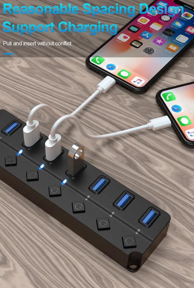 Alt view image 5 of 7 - WRIARICH USB Hub 3.0 Splitter, 7-Port USB Hubs, Multiple Ports Expansion, Individual On/Off Switch LED Indicator, Slim Portable Data Expander for Laptop, Keyboard, Mouse, Adapter