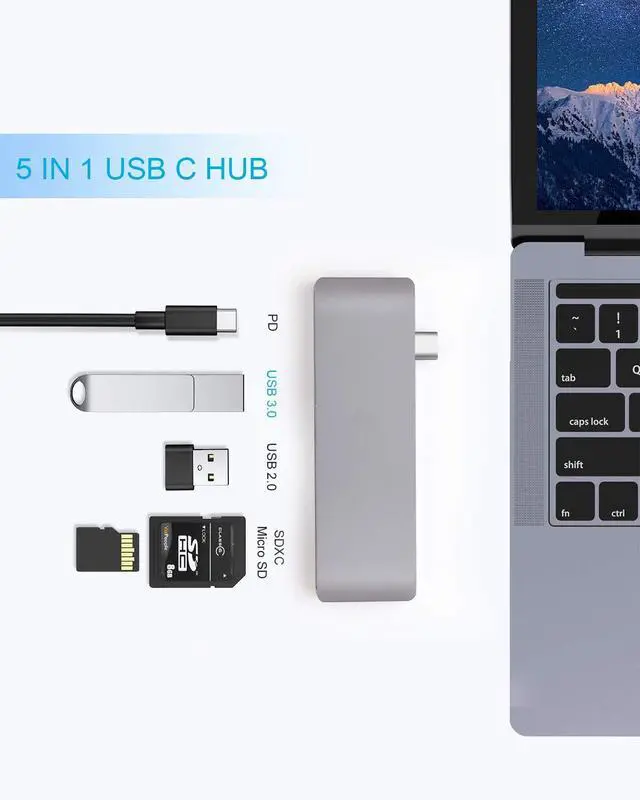 Alt view image 6 of 7 - WRIARICH USB C Hub Adapter. 5 in 1 Type-C Adapter with Aluminum Shell, SD + Micro SD Card Reader + 2 USB 3.0Port + USB-C Power Delivery Port for MacBook Chromebook Pixel Surface Pro -Silver