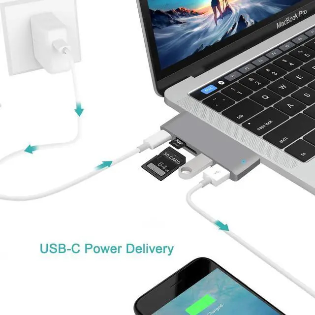 Main image of WRIARICH USB C Hub,5 in 1 Type-C Adapter, USB-C Power Delivery, 2 X USB3.0 Port, SD/Micro SD Card Reader for MacBook,MacBook Pro,Phone,Laptops Other USB Type-C Devices (Gray)