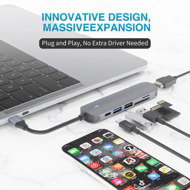 Alt view image 6 of 7 - USB C Hub Multiport Adapter, USB 3.1- SuperSpeed 6 in 1 USB C Dongle with PD Charging Port, USB3.0, USB2.0 Port, TF/SD Card Reader and 4K HDMI Adapter for Mac Book Pro, XPS More Type C Devices